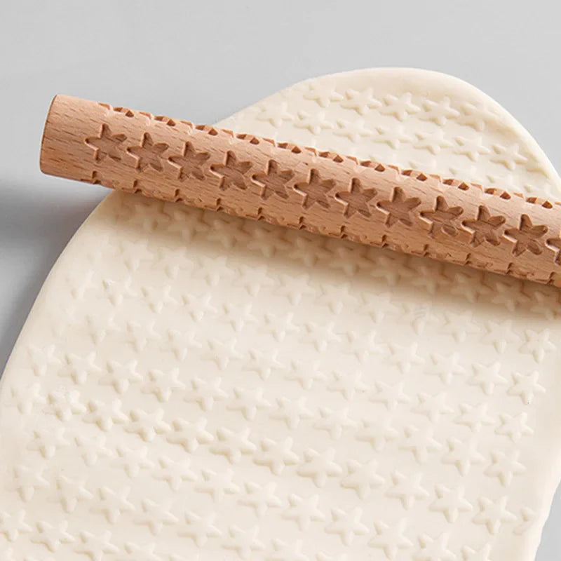 3D Embossed Pottery Rolling Pin - Wooden Hand Pressure Roller for Baking, Pie, and Cookie Making, Handmade Kitchen Tools