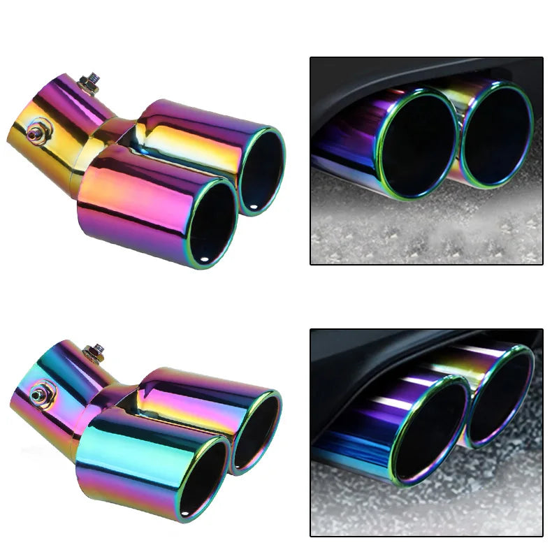 2.5" Chrome Tail Pipe Exhaust Trim, Stainless Steel Double Outlet Muffler for Car Styling - Curved Inlet Decoration
