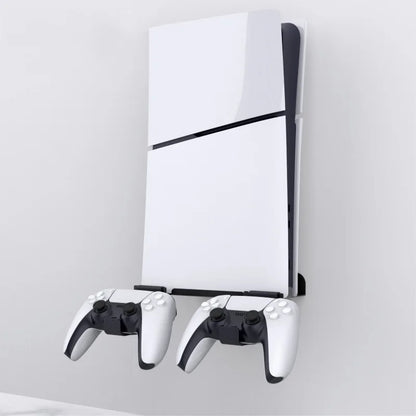 Wall-Mounted PS5 Slim Console Stand – Holder with 2 Controller Hooks & Punch Alignment Sticker, Easy Installation