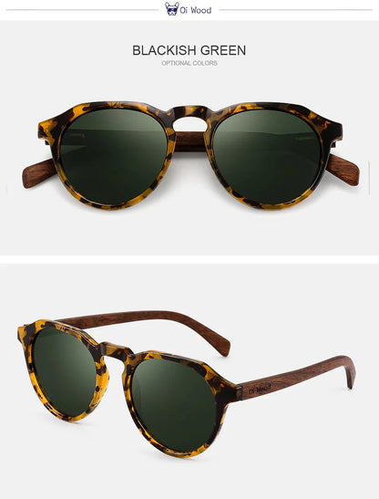 Oi Wood Round Sunglasses — Walnut Wood Frames with Red Lens & Tortoise Shell Design for Men & Women