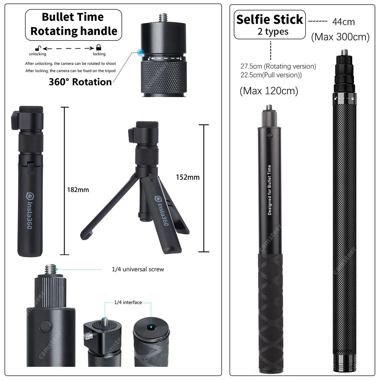 Carbon Fiber Invisible Selfie Stick 1.2m/3m – Bullet Time Rotating Tripod Handle for GoPro & Insta360 X4/X3/X2