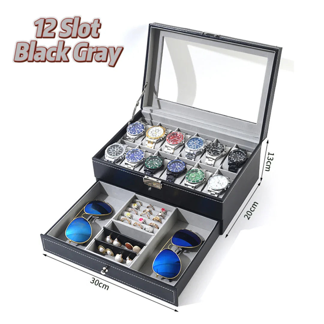 2024 12-Slot Leather Watch Storage Box — Lockable 2-Tier Organizer & Jewelry Display Drawer for Men & Women