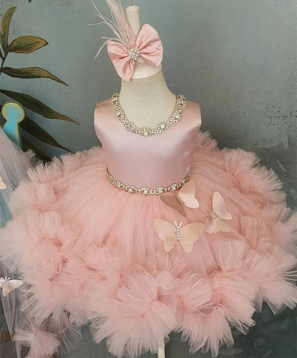 Pink Flower Girl Dress with Train - Puffy Bow Birthday and First Communion Dress
