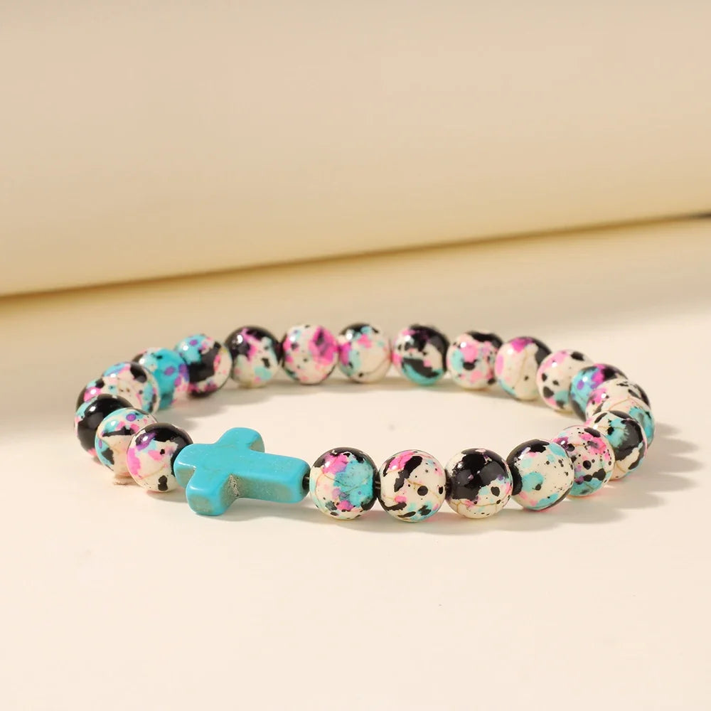 Jesus Cross Beaded Bracelet - Colorful Stone Faith Jewelry for Women, Meditation & Baptism Gifts
