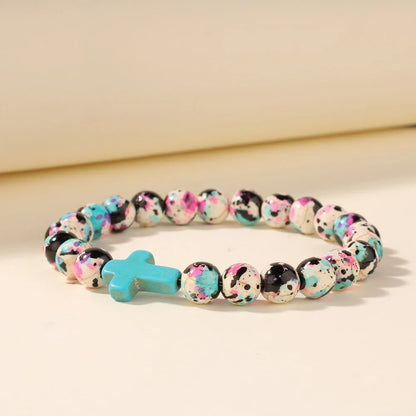Jesus Cross Beaded Bracelet - Colorful Stone Faith Jewelry for Women, Meditation & Baptism Gifts