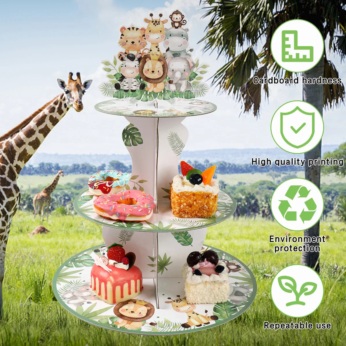 Jungle Animals Safari Cupcake Stand - Baby Shower & Birthday Party Decorations - Cupcake Holder for Kids Wild One Party Supplies