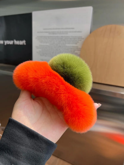 Winter Fuzzy Hair Claw for Women – Warm Fluffy Natural Rex Rabbit Fur Hair Clip, Elegant Fashion Party Accessory