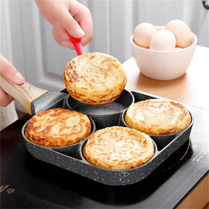 4-Hole Nonstick Omelette Pan — Thickened Breakfast Skillet for Eggs, Steak, Burgers, and Induction Cooking