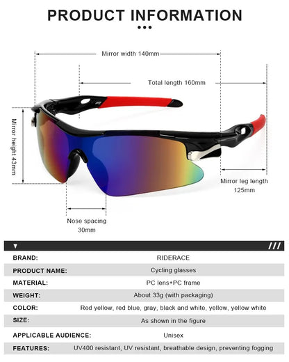 RIDERACE Sports Sunglasses | Road Bicycle Glasses for Mountain Cycling, UV Protection Goggles