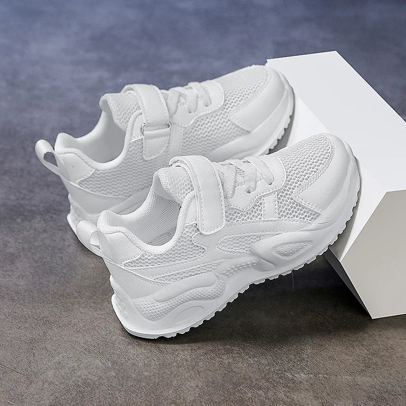 White Kids Leather Casual Shoes — Boys & Girls Outdoor Running Sneakers, Breathable Mesh, Non-Slip School Walking Sport Shoes
