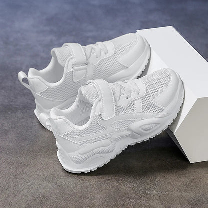 White Kids Leather Casual Shoes — Boys & Girls Outdoor Running Sneakers, Breathable Mesh, Non-Slip School Walking Sport Shoes