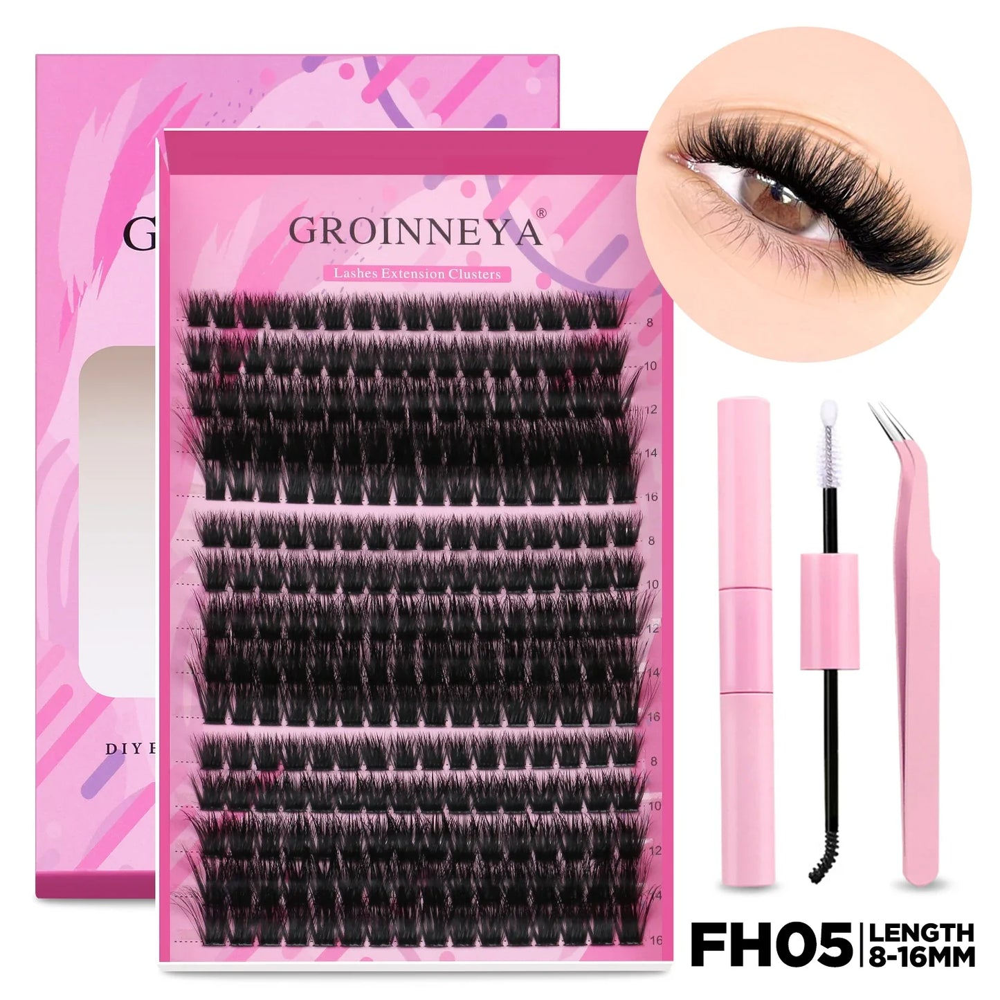 GROINNEYA DIY Lash Extension Kit – Cluster & Individual Lashes Set with Lash Bond & Seal for At-Home Eyelash Extension Makeup