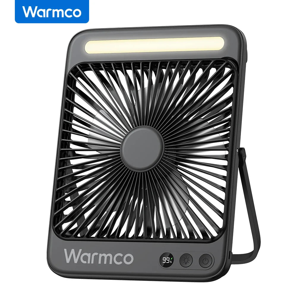 Warmco D4 Portable Desk Fan – 8" Rechargeable Camping Fan with 20000mAh Battery, Light, 48H Runtime, Silent Operation, Digital Display