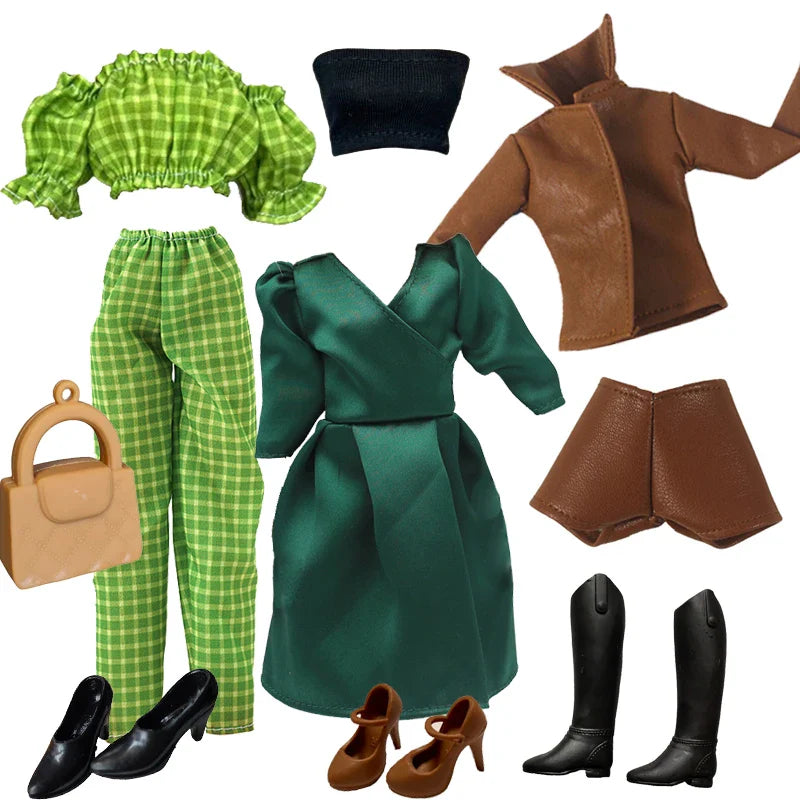 1/6 Doll Clothes Set — Handmade Fashion Outfits with Green Dress, Bag & Shoes for 12-Inch (30cm) Dolls