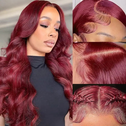 99J Burgundy Body Wave Human Hair Wig – 13x6 HD Transparent Lace Front, 30-40 Inch Curly Brazilian Hair for Women