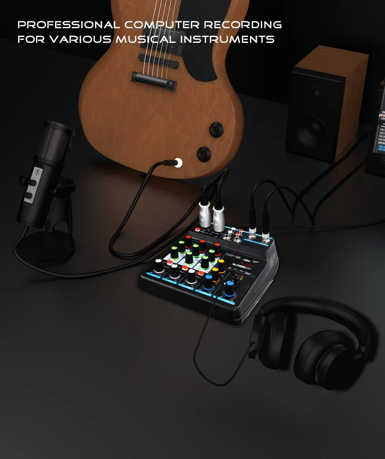 4 Channel DJ Mixer Console – Bluetooth, 48V Phantom Power, USB Audio Interface for Monitor & Karaoke System