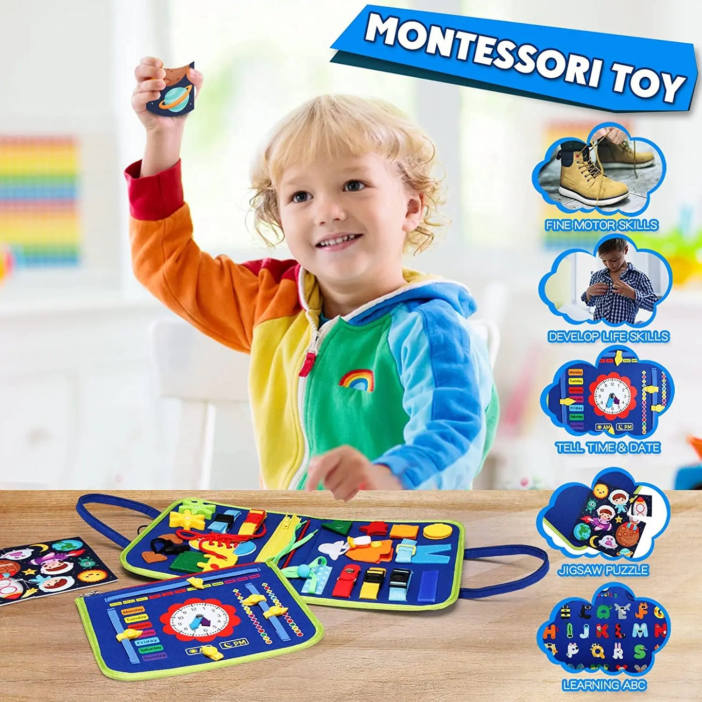 Montessori Toddler Busy Board – Educational Activity for Motor Skills & Baby Learning Toys for Travel