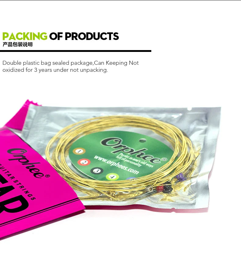 Orphee Acoustic Guitar Strings – 6Pcs/Set, Hexagonal Core, Full Bright Tone, TX620/TX630/TX640, Folk Guitar Accessories