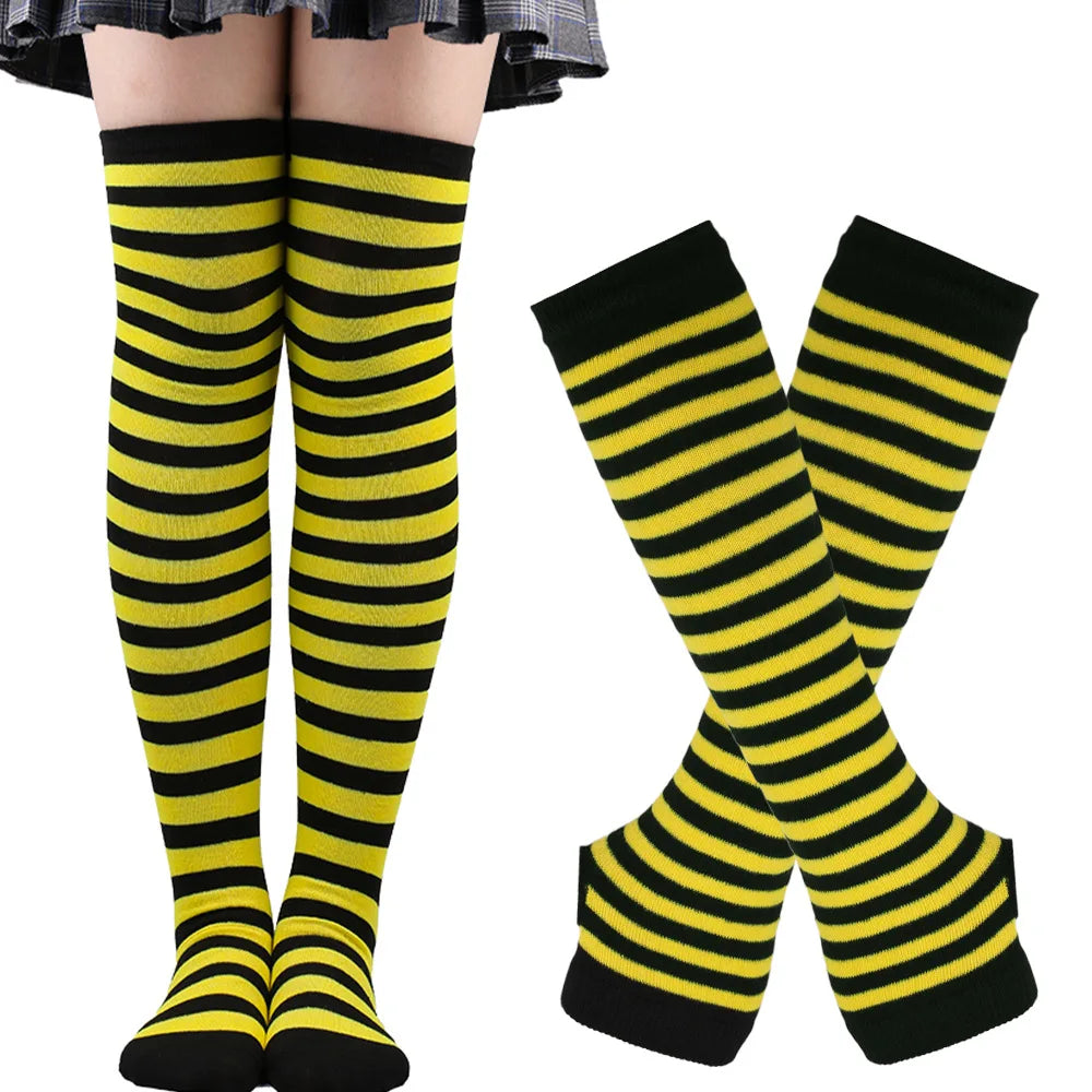 Women & Girls Over Knee Long Stripe Printed Thigh High Cotton Socks – Cute Plus Size Arm Sleeve Gloves & Overknee Socks