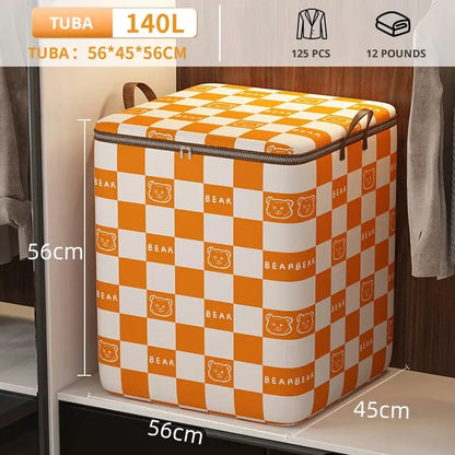 Portable Large Capacity Quilt Storage Bag - Cute Bear Plaid Pattern Clothes Organizer for Home Moving