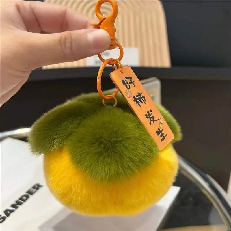 2024 Real Rabbit Fur Mini Persimmon Keychain – Cute Plush Rex Fur Pendant for Bags, Cars, and Gifts