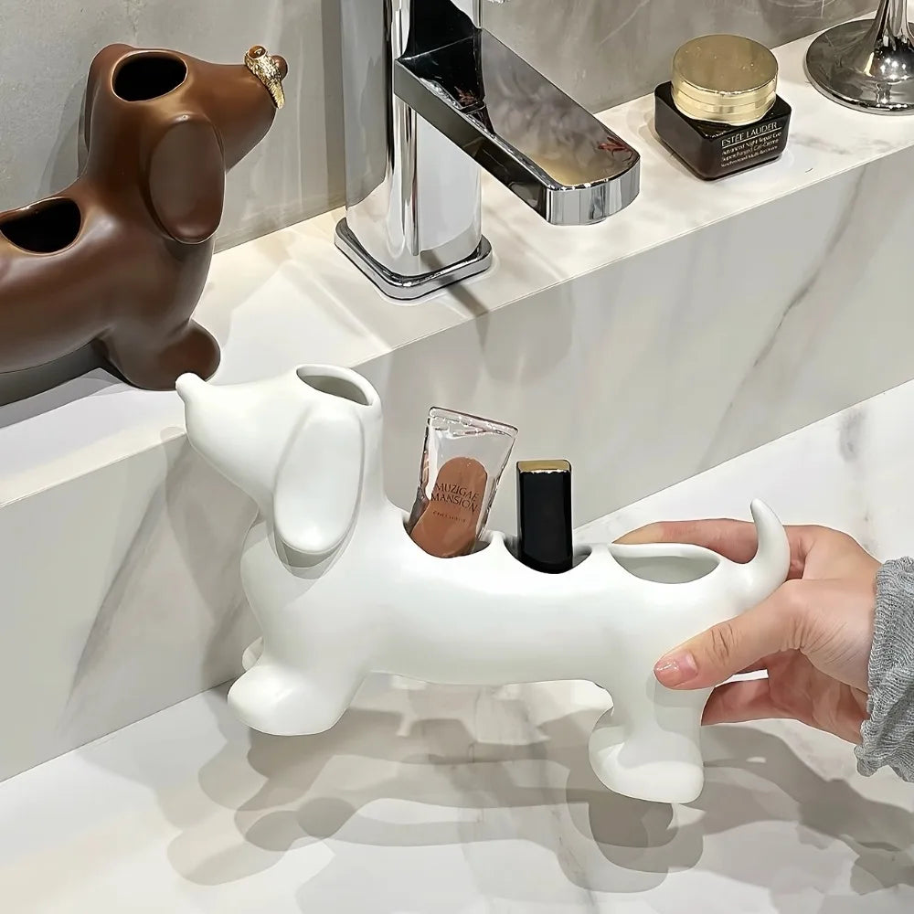 Dachshund Ceramic Toothbrush Holder – Electric Toothbrush Storage Rack and Bathroom Sink Organizer with Toothpaste Holder