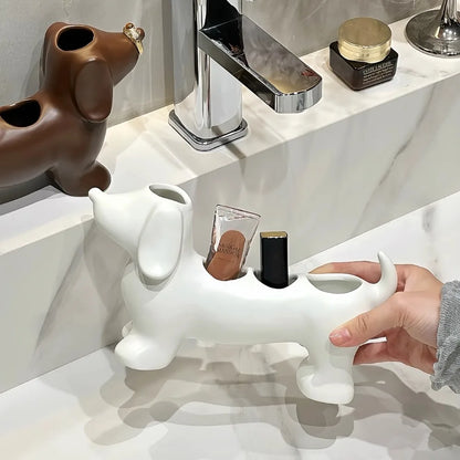 Dachshund Ceramic Toothbrush Holder – Electric Toothbrush Storage Rack and Bathroom Sink Organizer with Toothpaste Holder