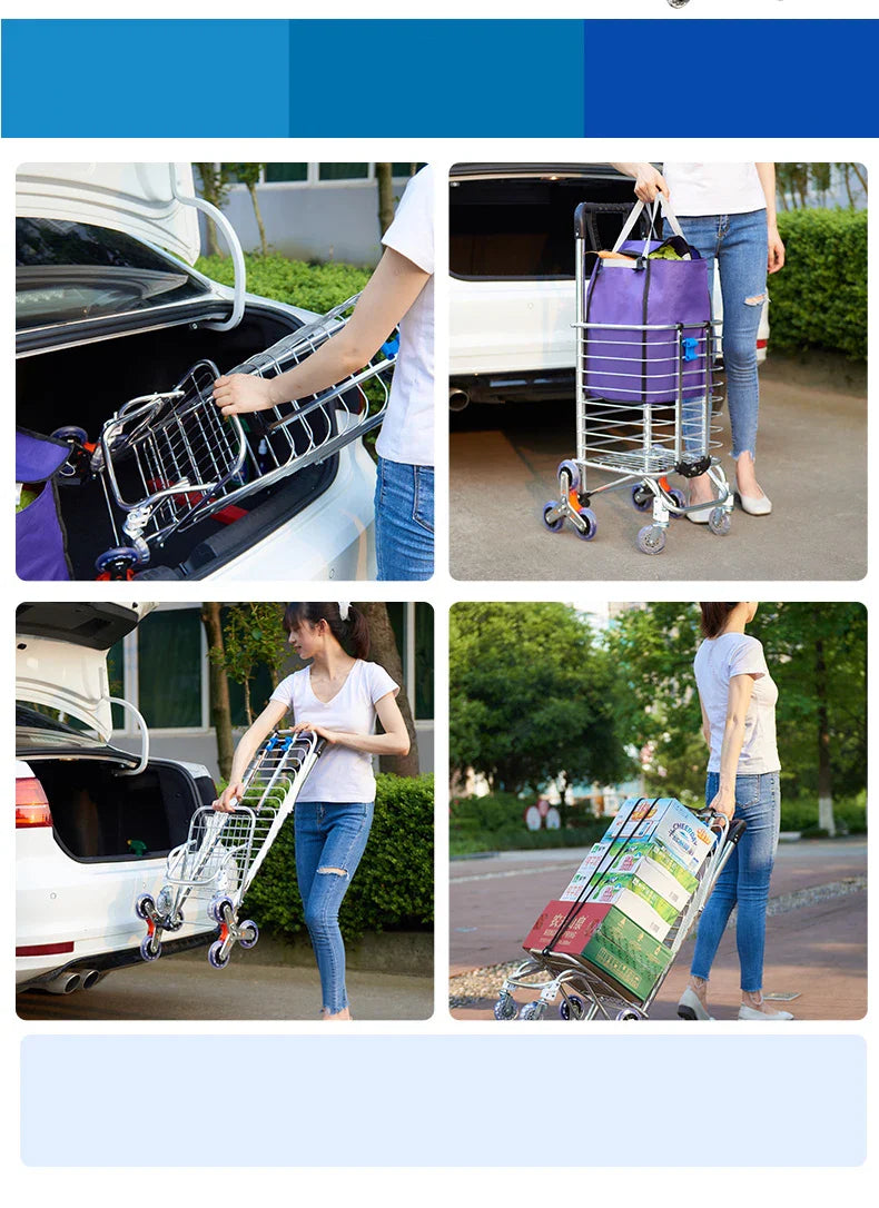 Aluminum Alloy Folding Grocery Cart – Portable Lightweight Shopping Trolley with Step Climbing for Supermarket & Food