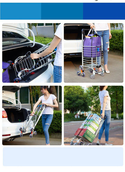 Aluminum Alloy Folding Grocery Cart – Portable Lightweight Shopping Trolley with Step Climbing for Supermarket & Food