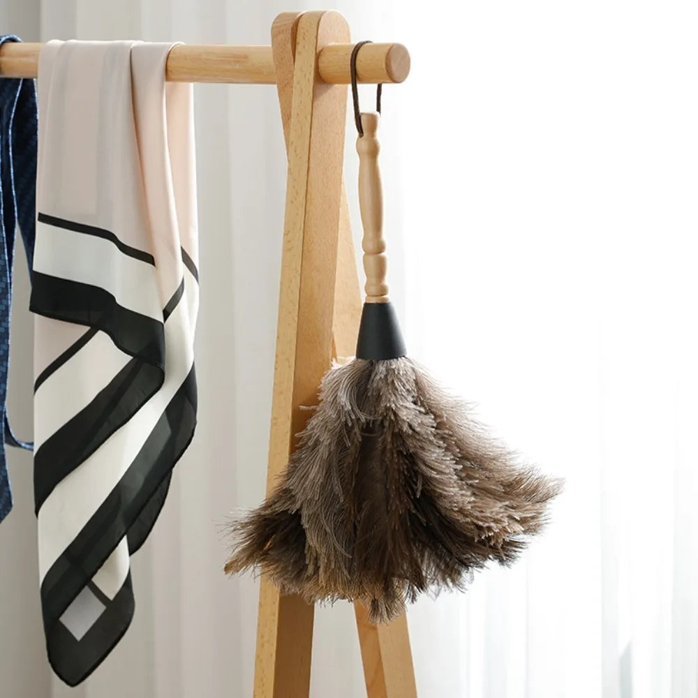 Ostrich Feather Dusting Brush – Wooden Handle Anti-Static Household & Car Cleaning Duster Tool