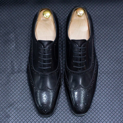 Men's Handmade Wingtip Oxford Shoes - Genuine Calfskin Leather Brogue Dress Shoes