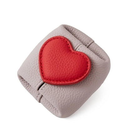 Casual Solid Color Cowhide Coin Purse – Love Heart Square Multi-Function Small Bag for Coins, Earphones & Gifts