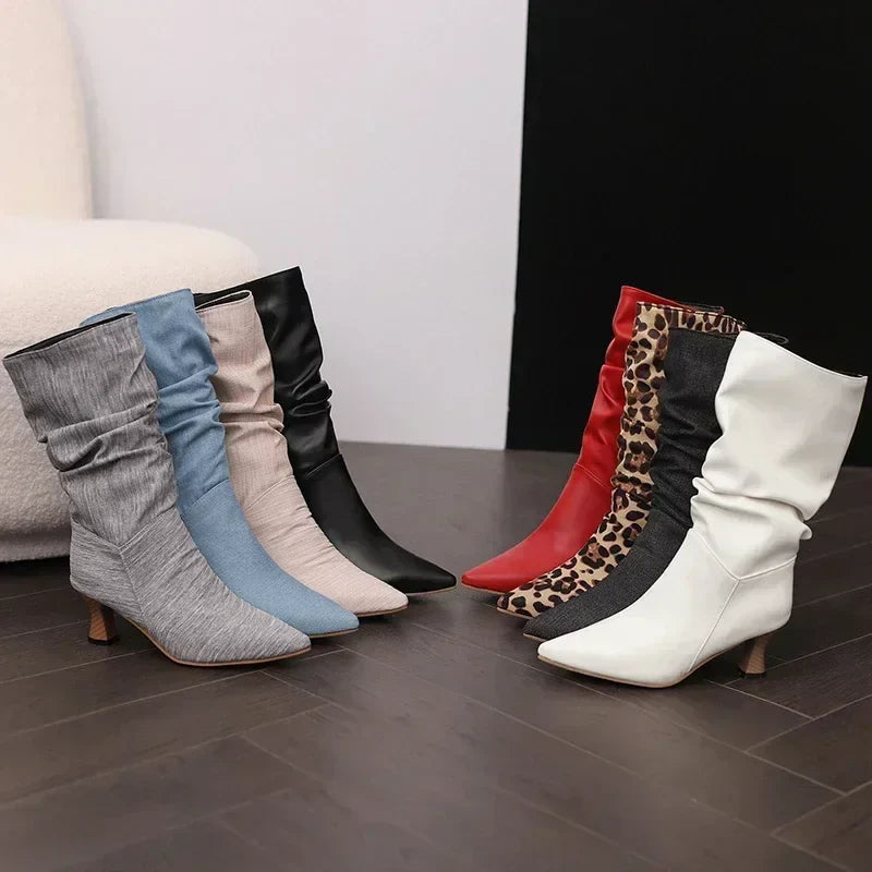 Women’s Winter Pleated Denim Mid-Calf Boots – Pointed Toe Slip-On Slouch Boots with Kitten Heels for Party & Club (Blue, Red, Black)