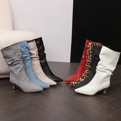 Women’s Winter Pleated Denim Mid-Calf Boots – Pointed Toe Slip-On Slouch Boots with Kitten Heels for Party & Club (Blue, Red, Black)