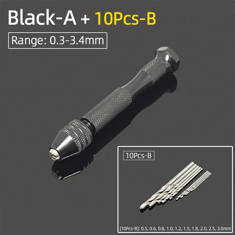 Mini Aluminum Hand Drill 0.3–3.4mm – Keyless Chuck Micro Rotary Tool with HSS Twist Drill Bit Set for Wood & DIY Crafts