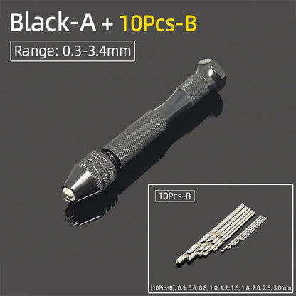 Mini Aluminum Hand Drill 0.3–3.4mm – Keyless Chuck Micro Rotary Tool with HSS Twist Drill Bit Set for Wood & DIY Crafts