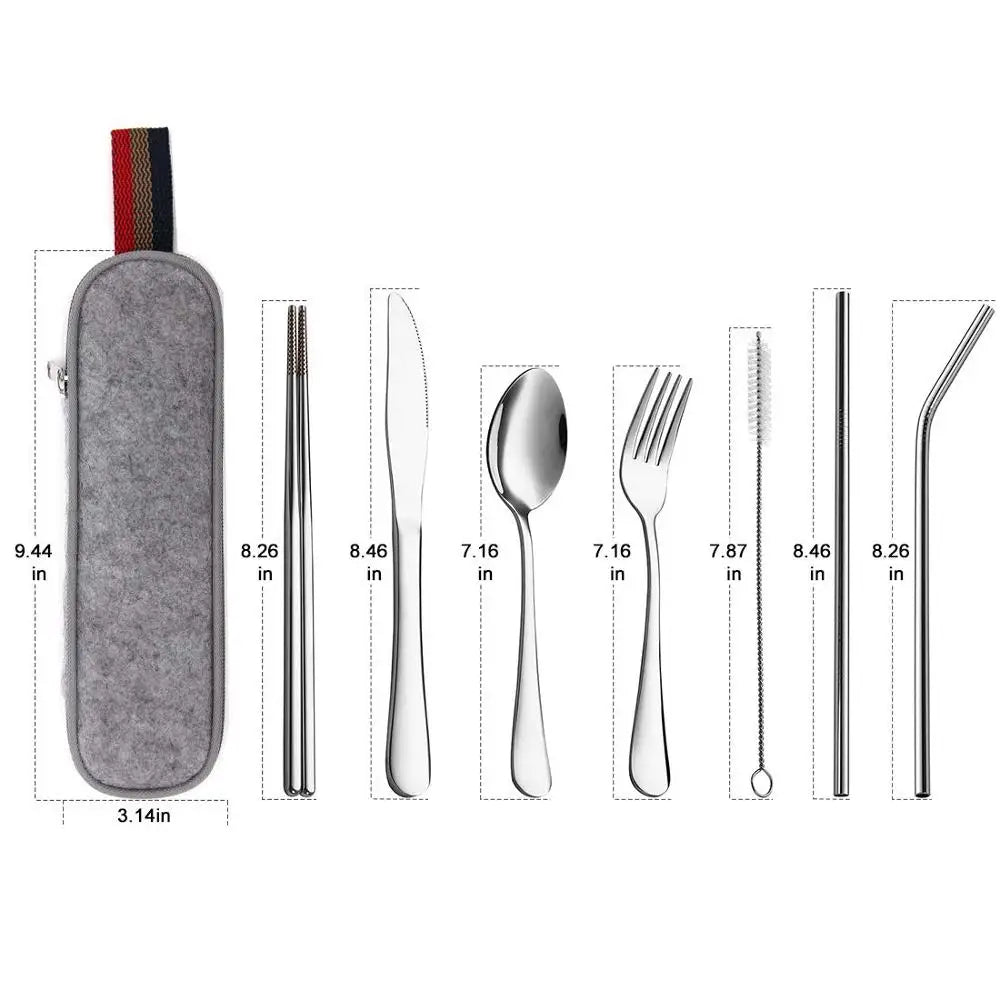 Portable Stainless Steel Travel Cutlery Set - 8Pcs Reusable Utensils with Spoon, Fork, Chopsticks, Straw & Case
