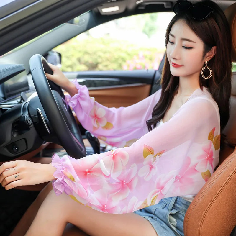Women’s Summer Sun Protection Chiffon Shawl – Floral Print Beach Scarf Arm Sleeves UV Protection for Outdoor Cycling & Driving Accessories