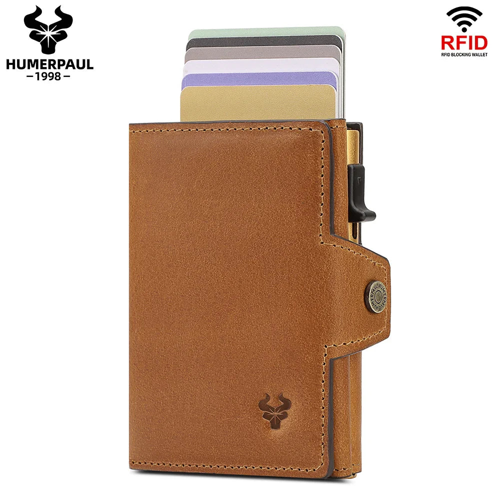 HUMERPAUL Men’s Pop-Up Card Holder – Crazy Horse Leather RFID Blocking Slim Wallet with Money Pocket & Metal Bank Card Case