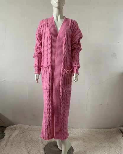 Women’s Long Knit Cardigan with Pockets – Vintage Full Sleeve Thick Autumn Winter Sweater Coat