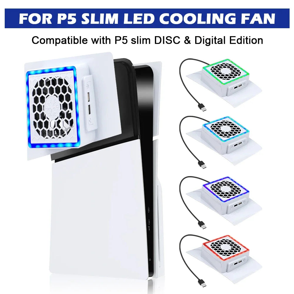 NEW Side-Mounted Cooling Fan for PS5 Slim – LED Light & 2 USB Ports Game Console Cooler Accessory