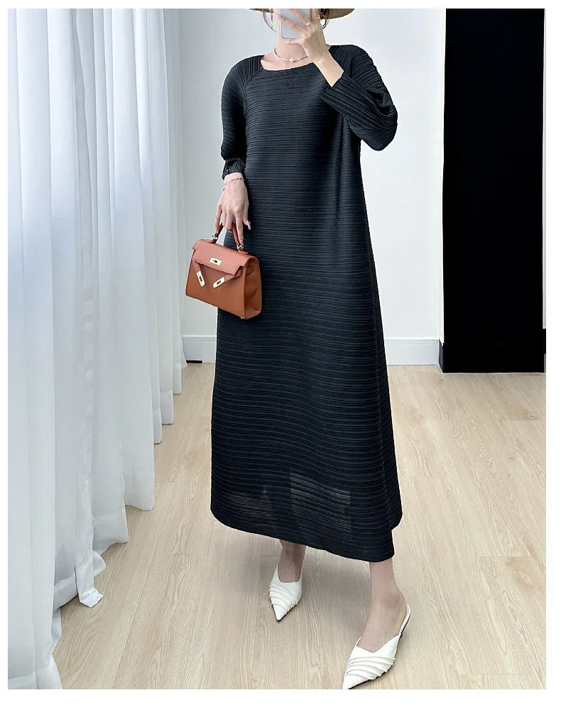 2023 Women's Miyake Pleated Long Dress – Full Sleeve, Round Neck, Korean Fashion, Plus Size Summer Style