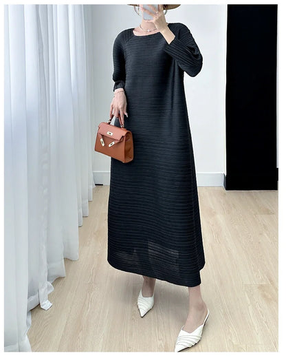 2023 Women's Miyake Pleated Long Dress – Full Sleeve, Round Neck, Korean Fashion, Plus Size Summer Style