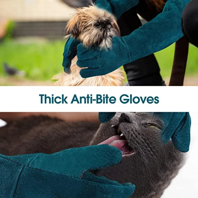 Ultra-Long Leather Anti-Bite Safety Gloves for Pet Handling - Green Protective Gloves for Dog, Cat, Reptile, and Animal Handling