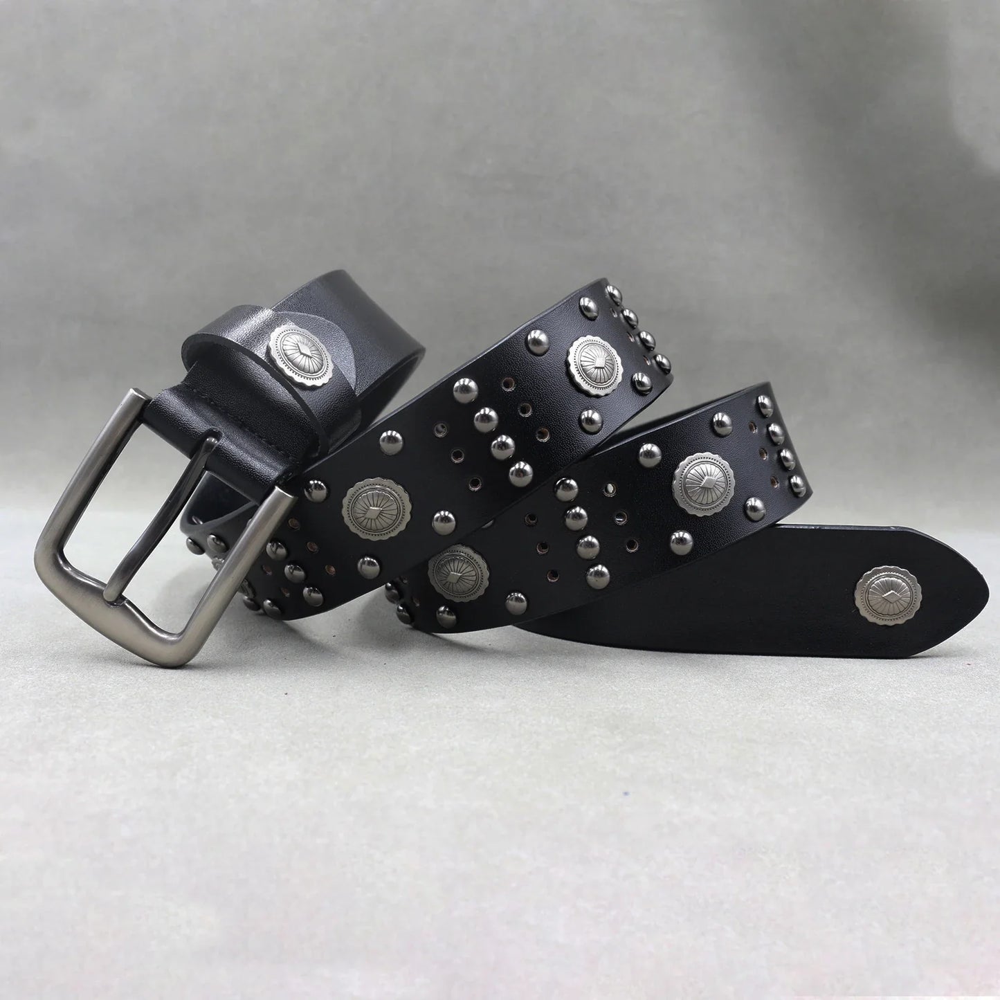 Men’s Designer Rivet Belt – Genuine Cowhide Leather Punk Rock Pin Belt for Jeans, Luxury Black Leather Belt