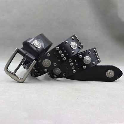 Men’s Designer Rivet Belt – Genuine Cowhide Leather Punk Rock Pin Belt for Jeans, Luxury Black Leather Belt