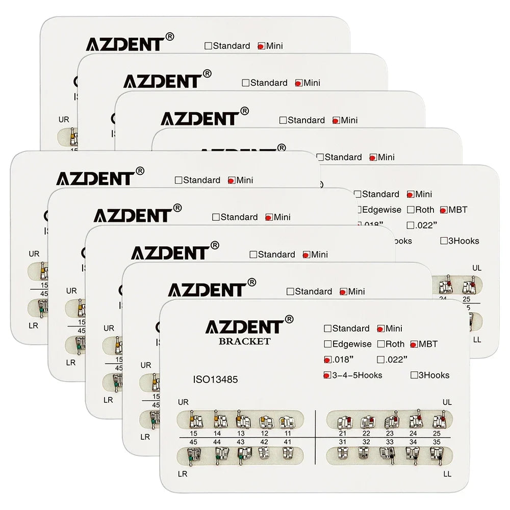 AZDENT 10 Packs Dental Brackets – Orthodontic Metal Mini Standard Roth MBT Slot 0.022/0.018 with Hooks, 20 Pcs per Pack