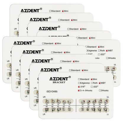 AZDENT 10 Packs Dental Brackets – Orthodontic Metal Mini Standard Roth MBT Slot 0.022/0.018 with Hooks, 20 Pcs per Pack