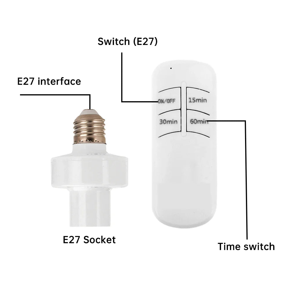 Smart Timer E27 Lamp Holder – Wireless Remote Control Light Socket, 110V-220V, 15m Range, Intelligent ON/OFF Switch