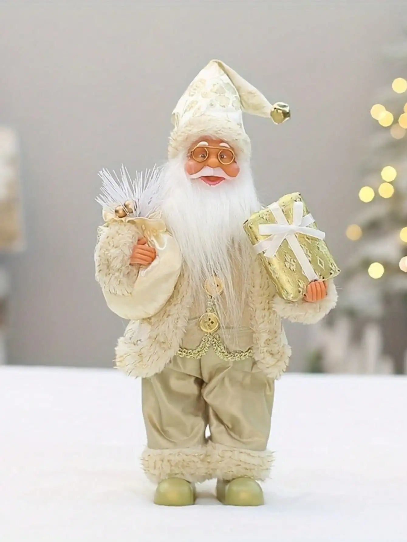 12-Inch Festive Santa Claus Statue – Golden & Silver White Christmas Decoration for Home, Kitchen, Hotel, and Office